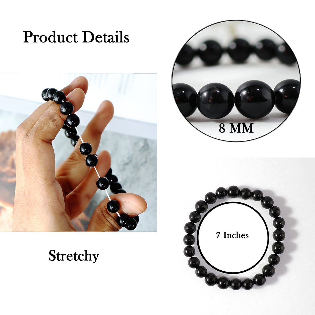 Black Tourmaline Round Beads 8MM Bracelet