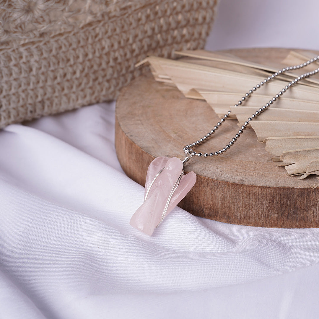 Rose Quartz Wire-Wrapped Angel Pendant