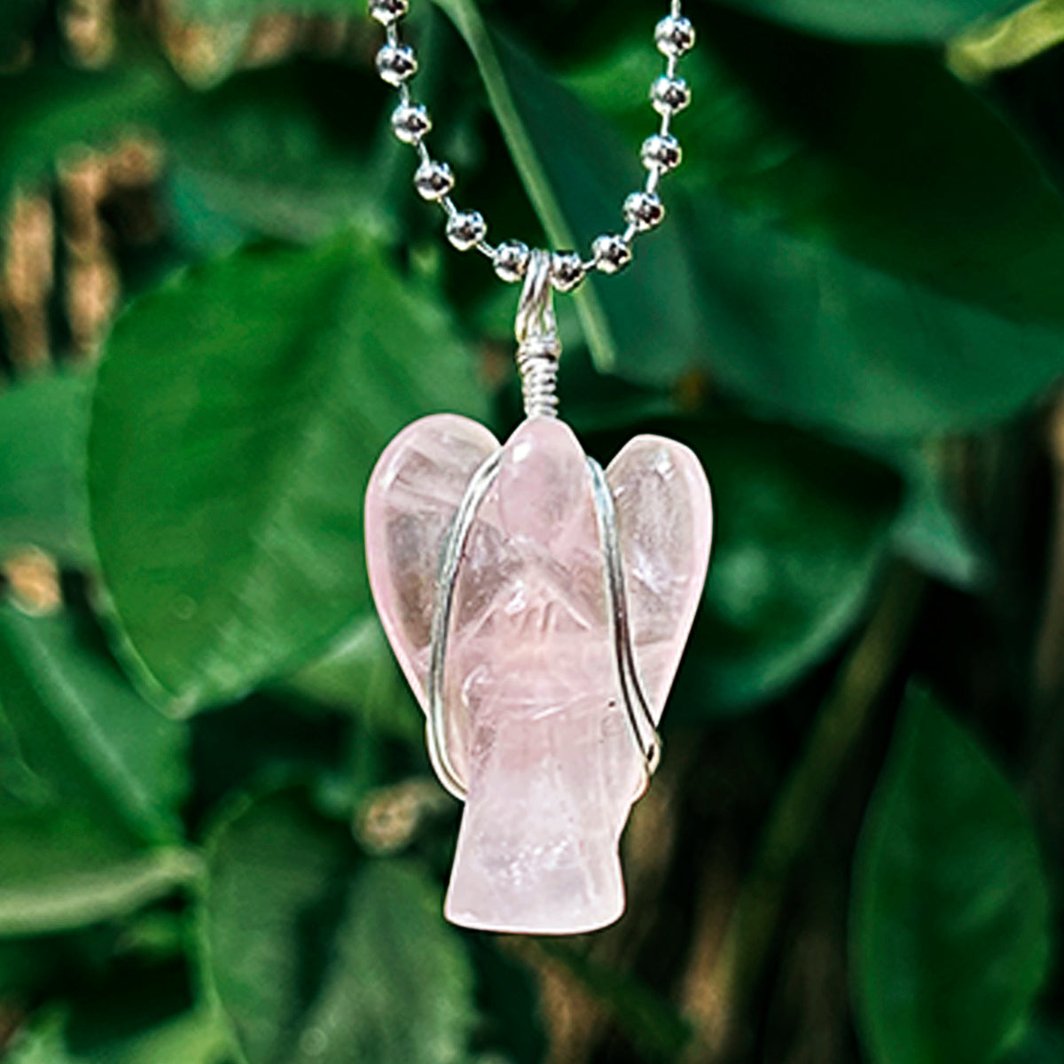 Rose Quartz Wire-Wrapped Angel Pendant