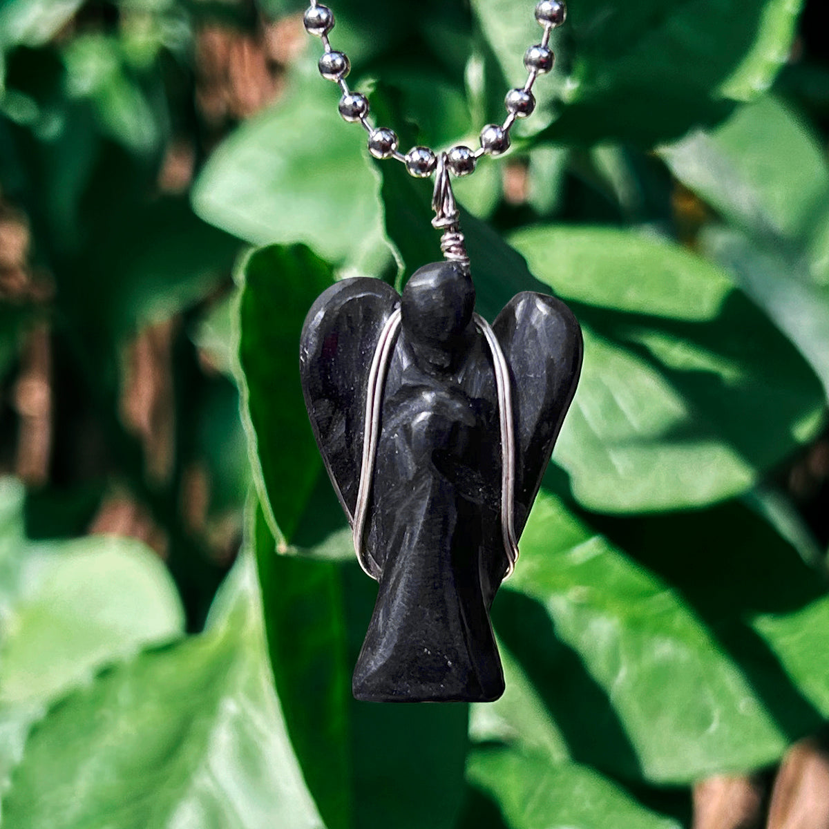 Black Tourmaline Wire-Wrapped Angel Pendant