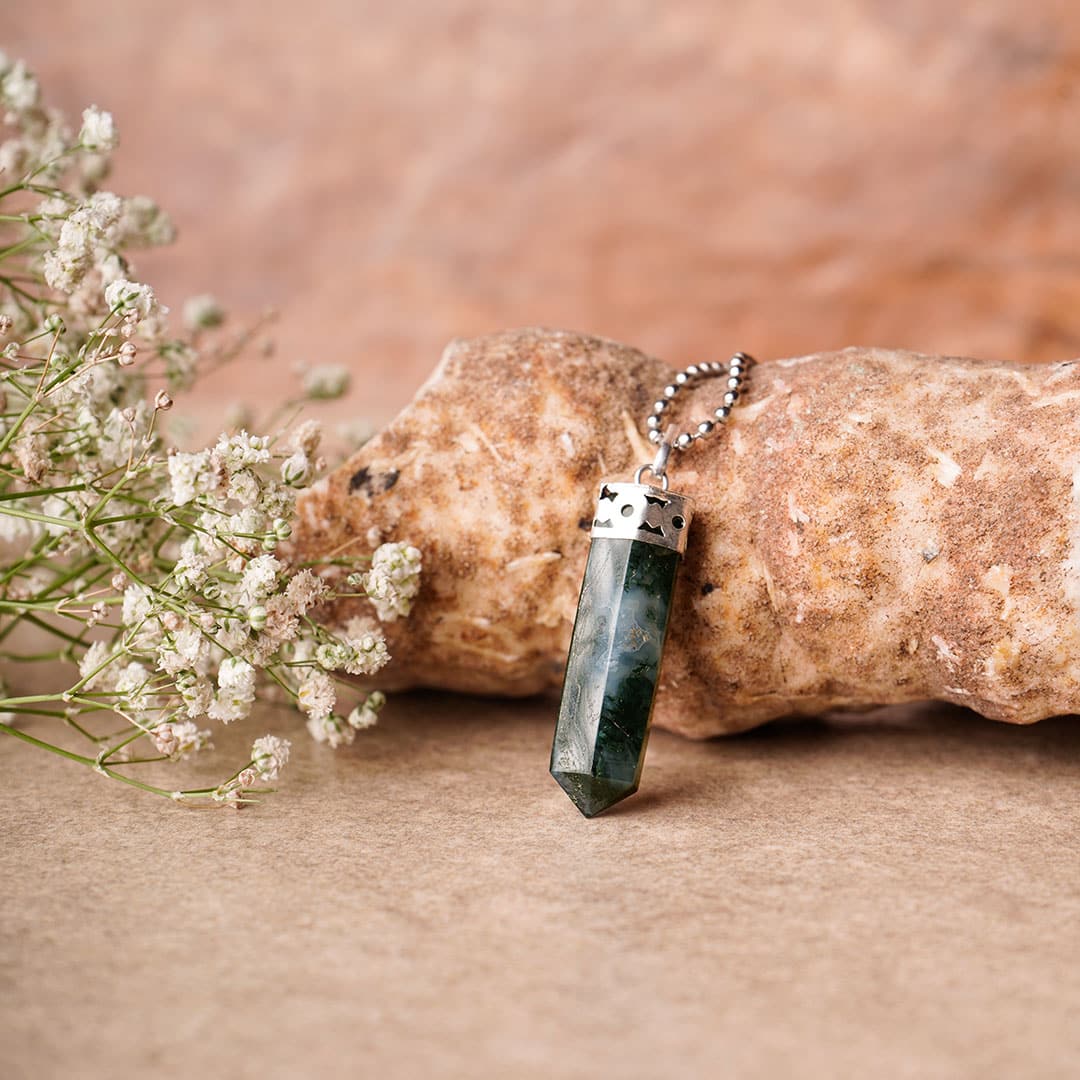 Moss Agate Crystal Pencil Pendant