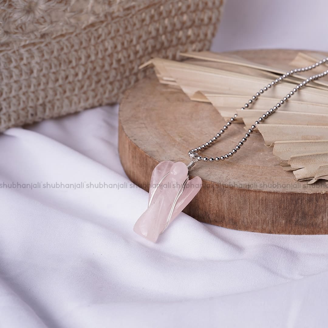 Rose Quartz Wire-Wrapped Angel Pendant