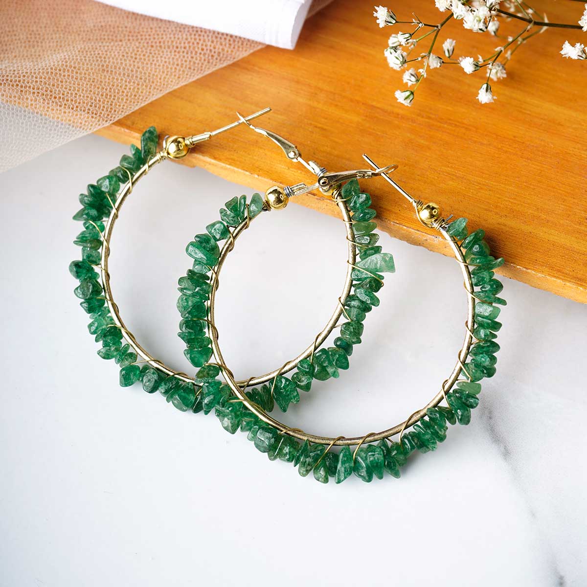 Green Jade Chips Huggie Hoops Earring