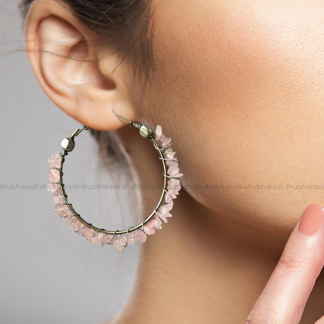 Rose Quartz Chips Huggie Hoops Earring