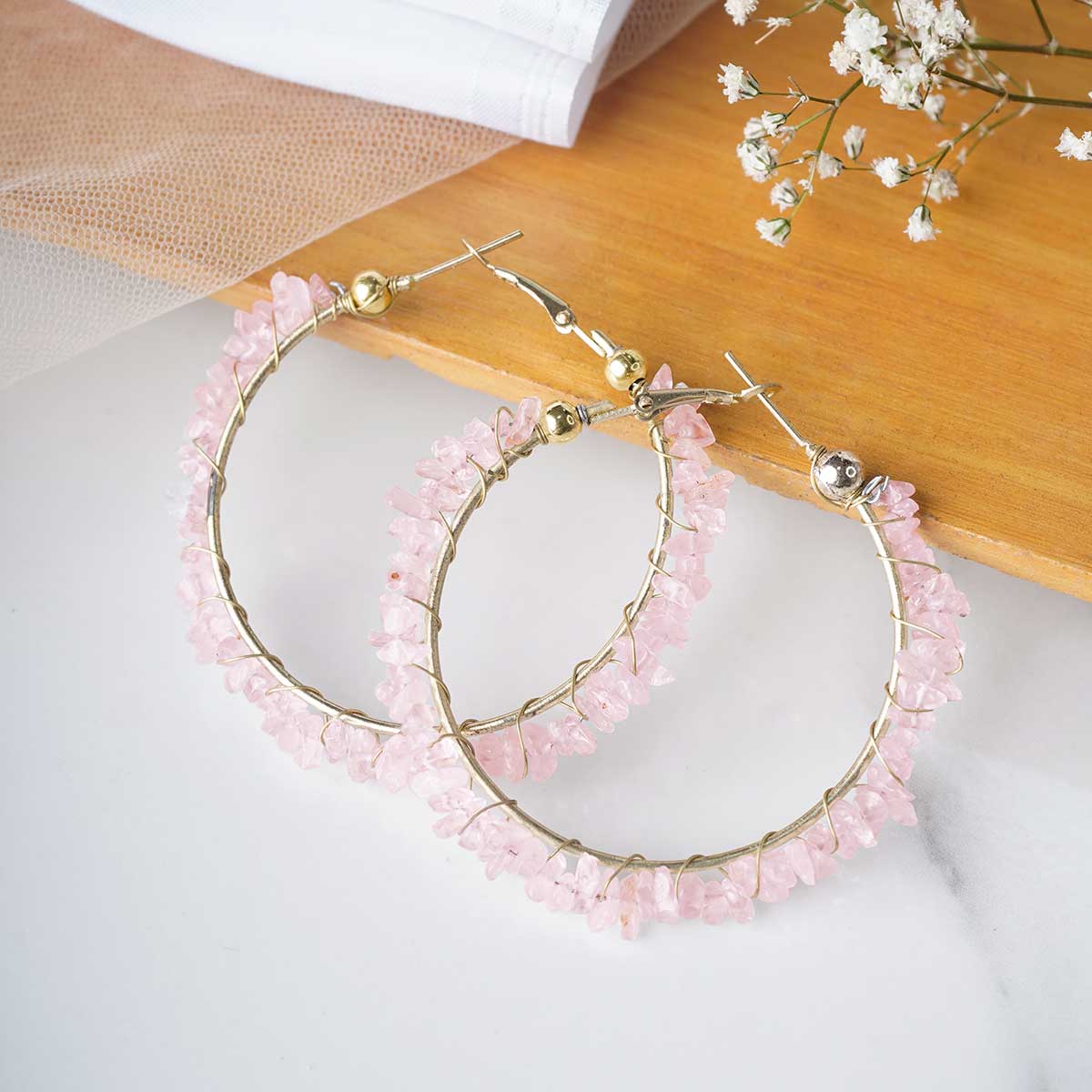 Rose Quartz Chips Huggie Hoops Earring