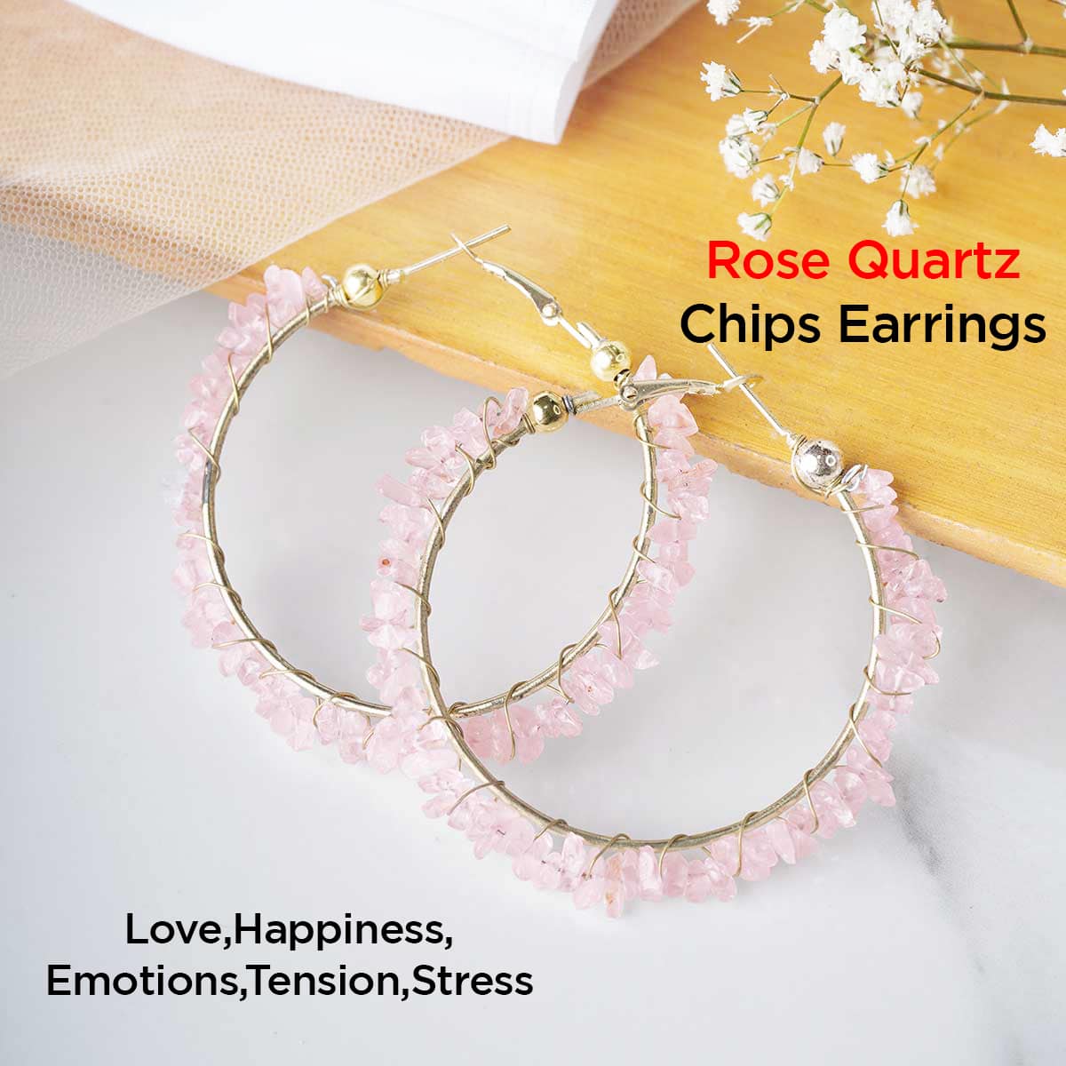 Rose Quartz Chips Huggie Hoops Earring