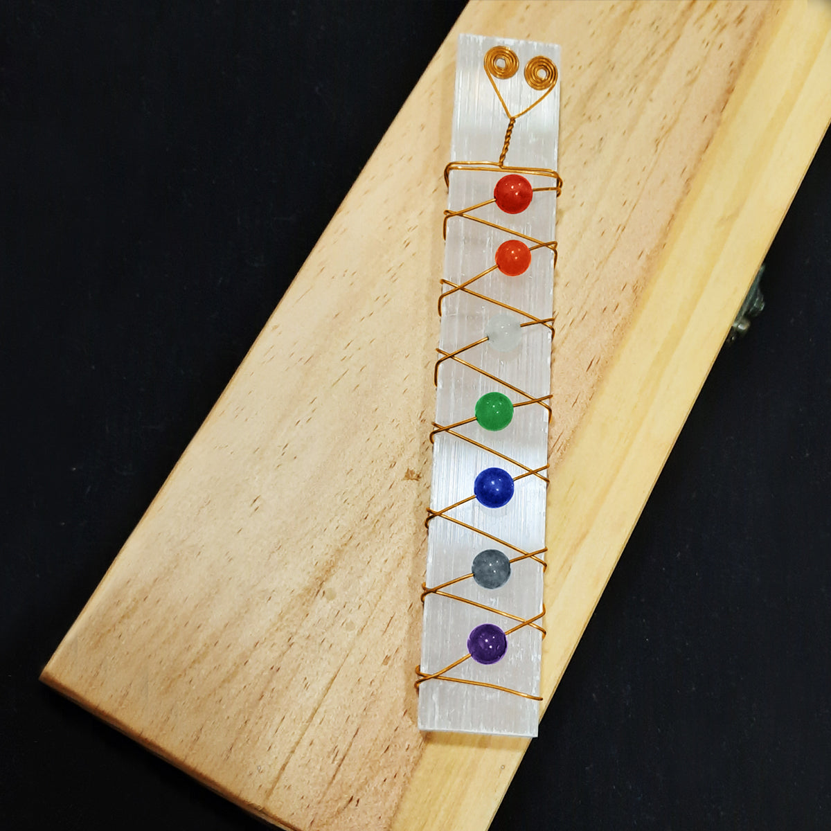 7 Chakra Stones Beads Copper Wire Wrapped Raw Selenite Stick Wand