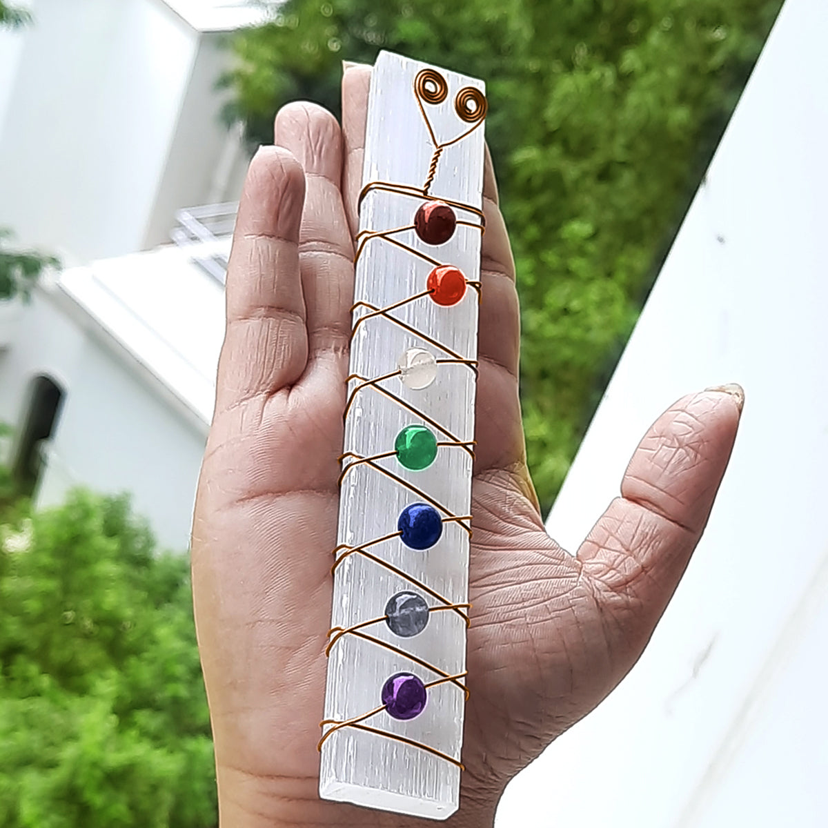 7 Chakra Stones Beads Copper Wire Wrapped Raw Selenite Stick Wand